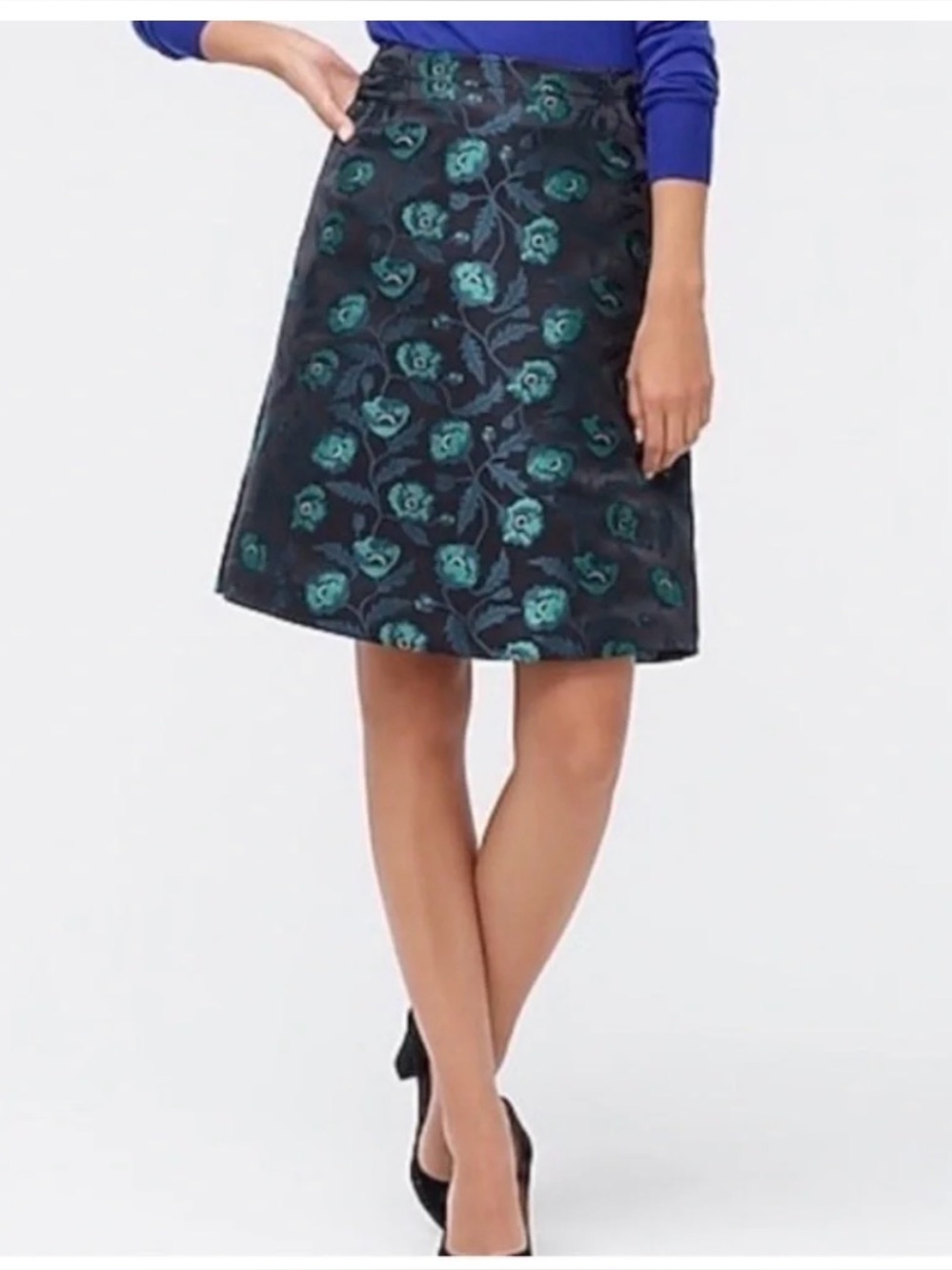 J. Crew Floral Jacquard A-Line Skirt in Teal and Navy